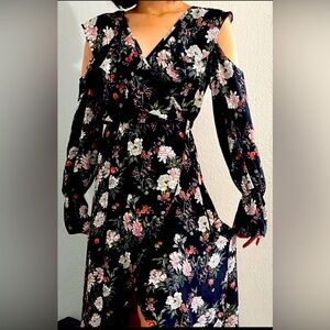 Aqua floral cold shoulder wrap dress from Bloomingdales